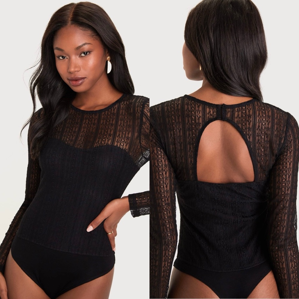 Lulus Sheer Passion Black Sheer Lace Long Sleeve Bodysuit